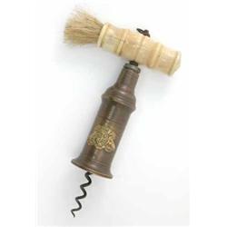 A 19th century English Thomason type double-action corkscrew, with tuned bone handle and brush, t...