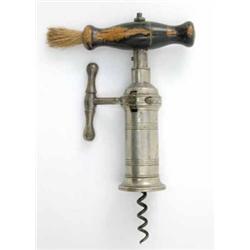 A 19th century close barrel London rack corkscrew, with stained wooden handle and steel barrel...