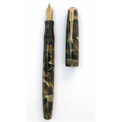A Parker Duofold fountain pen, black and gold marble celluloid finish with gold 'N' nib and butto...