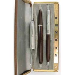 A Parker 51 Blue Diamond boxed fountain pen and pencil set, manufactured in the USA with maroon f...