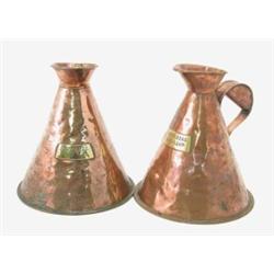 A pair of conical copper measures, with imperial gallon brass stamps, 11ins...