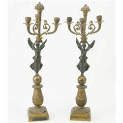 A pair of Louis XVI design 3-branch candelabra, the arms cast with ormolu scrolls and a fruit fin...