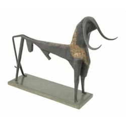 A contemporary bronze sculpture of a bull, modelled in a semi-abstract style standing on a plinth...