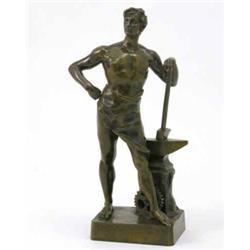 A 19th century French bronze figure of a blacksmith, in a life model pose with hammer and anvil,...