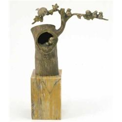 Rischmann, a bronze study of birds on a tree, depicting a scene of young birds about to fly the n...