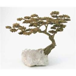 A bronze sculpture of a bonsai tree, by Borja, modelled with gnarled and twisted forms on a cryst...