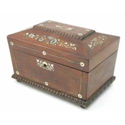 A Regency rosewood sarcophagus shape two division tea caddy, inlaid with foliate mother-of-pearl...