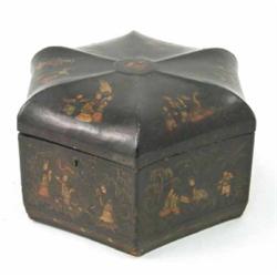 A late 19th century hexagonal lacquered papier mache box, decorated throughout with panels of Eas...