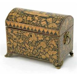A 19th century penwork two division tea caddy, the barreled lid decorated with figures within a f...