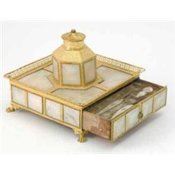 A French 'Palais Royale' style sewing box, engraved with scrolling foliage gilt metal and mother...