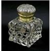 Image 1 : An Edwardian pressed glass inkwell, of wrythen square shape with hinged, star cut cover and brass...