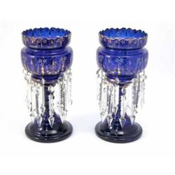 A pair of Victorian blue glass table lustres, with enamelled and gilded decoration and clear glas...