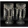 Image 1 : A pair of Victorian clear glass table lustres, with cut lustre drops, on hollow stems and domed b...
