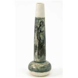 An Aldermaston pottery vase, with tall cylindrical neck, decorated with figures and animals in da...