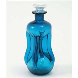 A blue, pinched glass decanter, and clear glass stopper, 8.75in....