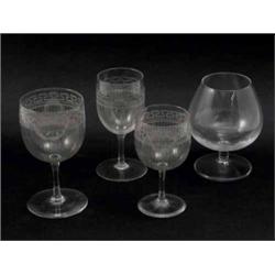 An 18-piece suite of etched drinking glasses, for sherry, port and wine, and two other glasses...