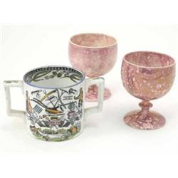 A pair of early 19th century pink lustre goblets, on knopped stems, (4.5in) and a two-handled mug...