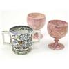 Image 1 : A pair of early 19th century pink lustre goblets, on knopped stems, (4.5in) and a two-handled mug...