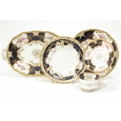 A Coalport bone china part teaset, ten pieces including oval dessert dish, printed and gilded wit...