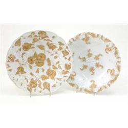 Two late 19th century Meissen leaf dishes, crisply moulded and gilded with leaves and flowers, pa...