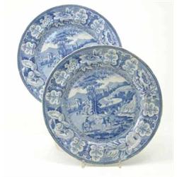 A pair of Victorian blue and white plates, printed with a road, travellers and distant buildings,...