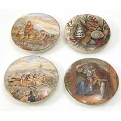 A 19th century pot lid, entitled Uncle Toby, and 3 other examples decorated with a racing scene,...