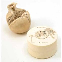 A Japanese ivory carving of a pomegranate, 2.5ins and a circular jar, 2.5ins...
