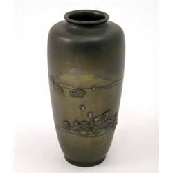 A Japanese inlaid bronze high shouldered vase, decorated with Mount Fuji, signed, 7ins...
