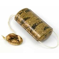 An early 19th century lacquer five-case inro, decorated with a view of the Tokaido Road, signed S...