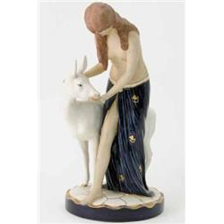 A Royal Dux group, of a semi-clad maiden feeding on deer, on white base, 15ins...