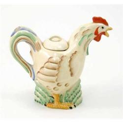 A Clarice Cliff cockerel teapot, painted predominantly in green and brown, with cover, faults, 8i...
