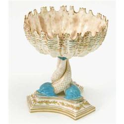 A Royal Worcester centrepiece, bowl with castellated rim, supported on entwined dolphin stem and...