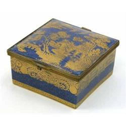 A Wedgwood bone china cigarette box, gilded with a chinoiserie landscape against a powder-blue gr...