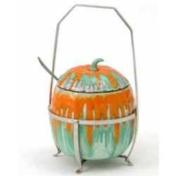 A Shelley earthenware pickle jar and cover, in the form of an apple with streaked orange and gree...