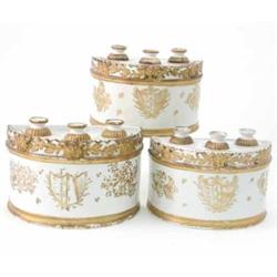 A set of three early 19th century pearlware bulb pots, semi-elliptical with moulded gilt cresting...