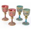 Image 1 : Two pairs of Bohemian enamelled goblets, one in pink glass, the other in green, enamelled with br...