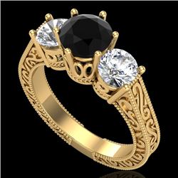 2.01 CTW Fancy Black Diamond Solitaire Art Deco 3 Stone Ring 18K Yellow Gold - REF-241M8H - 37578