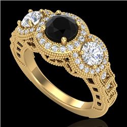 2.16 CTW Fancy Black Diamond Solitaire Art Deco 3 Stone Ring 18K Yellow Gold - REF-254H5A - 37669