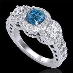 2.16 CTW Intense Blue Diamond Solitaire Art Deco 3 Stone Ring 18K White Gold - REF-270K9W - 37670