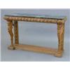 Image 1 : A 19th century carved pine console table, with green marble top and oak leaf frieze and back legs...