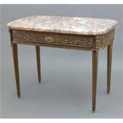 A 20th century French mahogany centre table, with pink marble top and drawer, with ornate brass m...