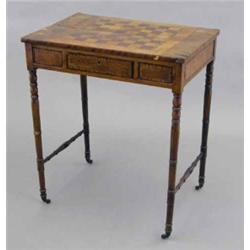 A George III yew wood free standing games table, with chess board top, and drawer, the frieze dec...