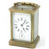 Image 1 : A French brass hour repeating carriage clock, with alarm and enamelled Roman dial, 4.75ins...