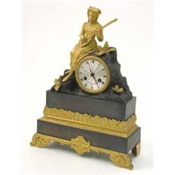 A French ormolu and painted metal mantel clock, with silverd dial, signed Laine a Paris, surmount...