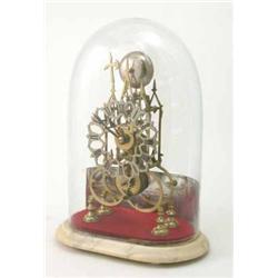 A Victorian brass skeleton clock, with pierced silvered dial and single fusee movement, on marble...