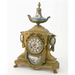 A 19th century French ormolu and porcelain mantel clock, with architectural case, 16ins...