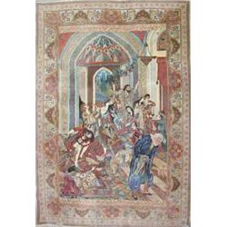 A Tabriz pictorial small carpet, woven with numerous figures in a drunken revelry within a border...