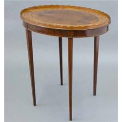 An George III marquetry inlaid mahogany oval tray top table, satinwood banded and painted and dec...