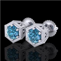 1.15 CTW Fancy Intense Blue Diamond Art Deco Stud Earrings 18K White Gold - REF-127H3A - 38041