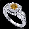 1.01 CTW Intense Fancy Yellow Diamond Art Deco 3 Stone Ring 18K White Gold - REF-165N5Y - 37469